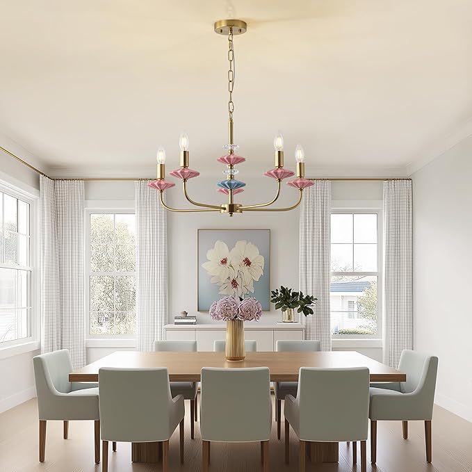 Pink Chandeliers for Dining Room Light Fixture Over Table,5-Light Art Deco Chandelier, Modern Retro Candle Chandelier with Ceramic,Farmhouse Chandelier for Girls Bedroom Living Room, Foyer