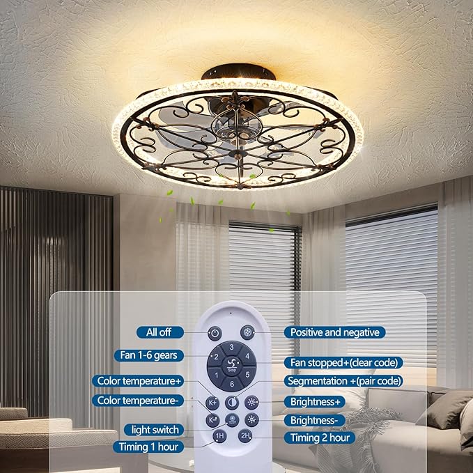 Caged Ceiling Fan with Lights Remote Control, 6 Speeds 3 Color Farmhouse Industrial Ceiling Fan with Light for Kitchen Bedroom Living Room