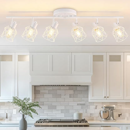 Baocuz 6-Lights White Semi Flush Mount Ceiling Light with Geometric Metal Cage, Modern Kitchen Track Lighting Fixtures Ceiling, Rotatable Close to Ceiling lamp for Entryway, Living Room, Hallway