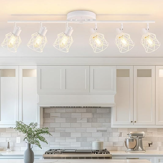 Baocuz 6-Lights White Semi Flush Mount Ceiling Light with Geometric Metal Cage, Modern Kitchen Track Lighting Fixtures Ceiling, Rotatable Close to Ceiling lamp for Entryway, Living Room, Hallway