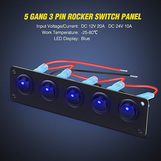 Nilight 5 Gang 3 Pin Rocker Switch Panel Waterproof On-Off Toggle Switches for Car Vehicle Trailer Truck SUV Marine Boat RV Ship 12V/24V 20A