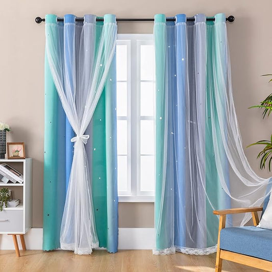 XiDi Blue Green Grey Curtains 63 Inches Long for Girls Bedroom Kids Nursery Boys Room Unicorn Princess Theme Home Decor Room Darkening Window Grommet Drapes Blue Green Grey, W52 X L63 2 Panels