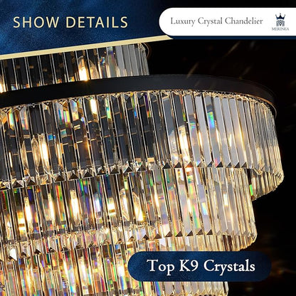 Large 40" Black Crystal Chandelier 28 Lights Modern Round Chandeliers for Staircase Luxury 7-Tier K9 Crystal Ceiling Pendant Light Fixture for High Ceiling Living Room Foyer
