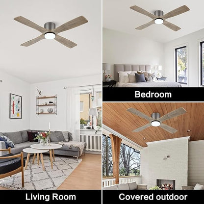 WINGBO 48 Inch Flush Mount DC Ceiling Fan with Lights and Remote, 4 Reversible Carved Wood Blades, 6-Speed Noiseless DC Motor, Hugger Ceiling Fan in Graphite Finish with Gray Blades