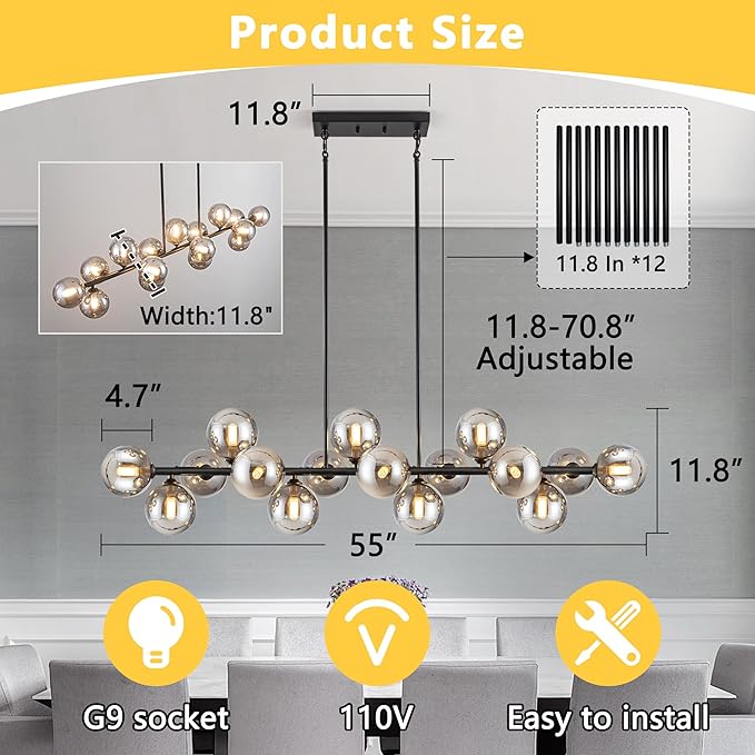 Chandelier,16-Light Black Linear Chandeliers for Dining Room Light 55inch Modern Linear Sputnik Chandelier Large Pendant Lights Kitchen Island Bubble Smoke Gray Glass Globe Kitchen Island Chandelier