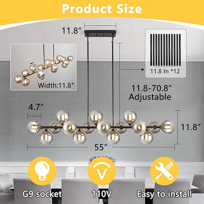 Chandelier,16-Light Black Linear Chandeliers for Dining Room Light 55inch Modern Linear Sputnik Chandelier Large Pendant Lights Kitchen Island Bubble Smoke Gray Glass Globe Kitchen Island Chandelier
