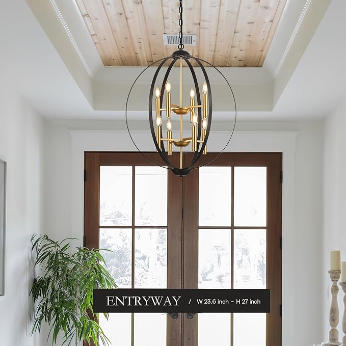 23.6''Black Gold 8-Light Globe Chandelier, Modern Industrial Adjustable Hanging Ceiling Pendant Light Fixture for Entryway Foyer Stairway Hallway Bedroom Living Room Kitchen Island