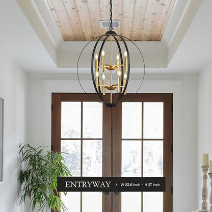 23.6''Black Gold 8-Light Globe Chandelier, Modern Industrial Adjustable Hanging Ceiling Pendant Light Fixture for Entryway Foyer Stairway Hallway Bedroom Living Room Kitchen Island