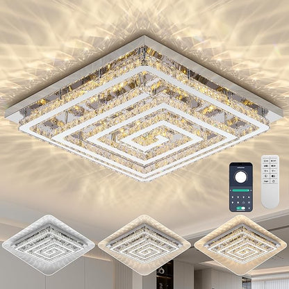 43 inch Crystal Chandelier with Remote/APP Control, 3 Color Temperature Light Fixture & Brightness Adjustable, Modern Flush Mount LED Ceiling Light Fixture for Living Room Kitchen Hallway Dining Room