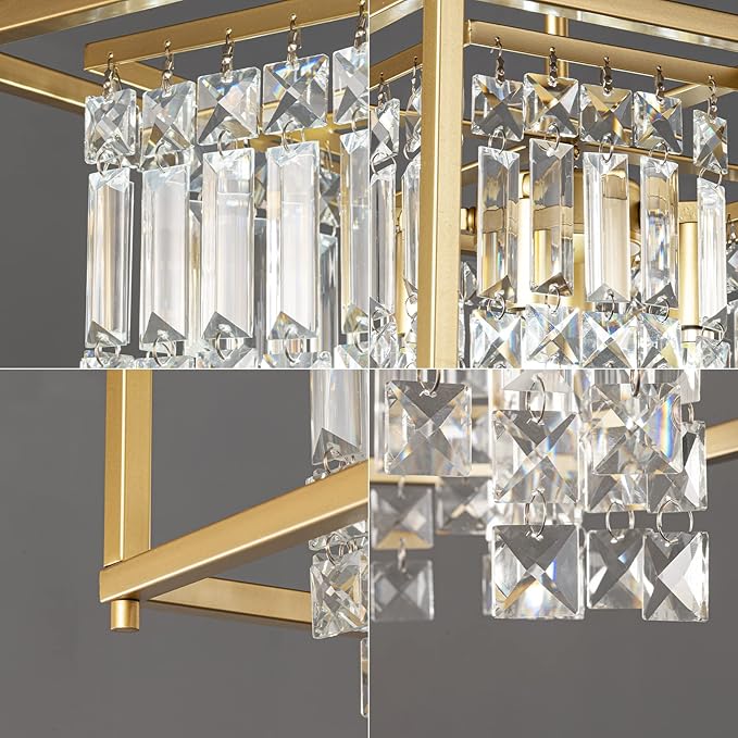 LMQNINE Modern Foyer Chandelier, Gold Crystal Chandelier Entryway Pendant Light Fixture, Square Adjustable Height Chandeliers for Kitchen Island, L15.74'' x H9.84''