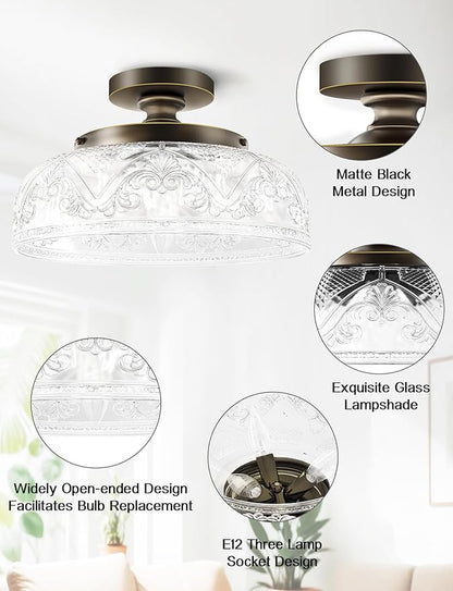 Semi Flush Mount Ceiling Light, 12 Inch Large Bronze Ceiling Light Fixture, 3-Light Globe Glass Farmhouse Kitchen Lighting Fixtures for Bathroom, Hallway, Dining Room (Bulb Not Included)