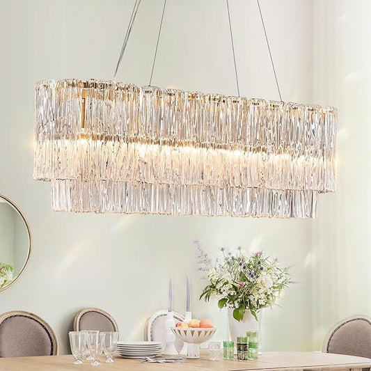 CATINER Gold Rectangle Chandeliers for Dining Room Modern Island Light Crystal Glass 6-Light Chandelier Rectangular Linear Pendant Hanging Ceiling Light Fixture for Kitchen L35.5”