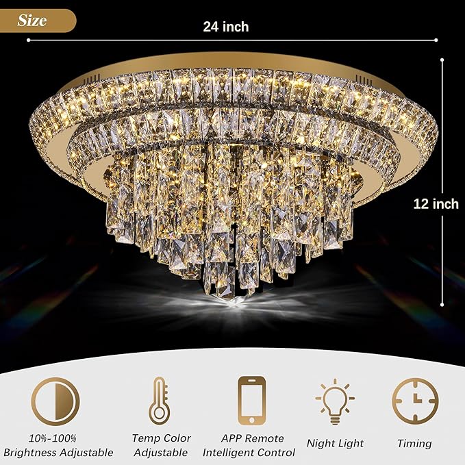 24 inch Crystal Gold Ceiling-Light Flush Mount With Remote Control and APP, 3CCT Dimmable & Brightness Adjustable, Modern Crystal Raindrop Chandeliers for Bedroom Hallway Dinning Room Living Room