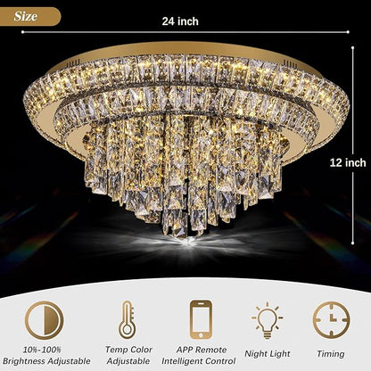24 inch Crystal Gold Ceiling-Light Flush Mount With Remote Control and APP, 3CCT Dimmable & Brightness Adjustable, Modern Crystal Raindrop Chandeliers for Bedroom Hallway Dinning Room Living Room