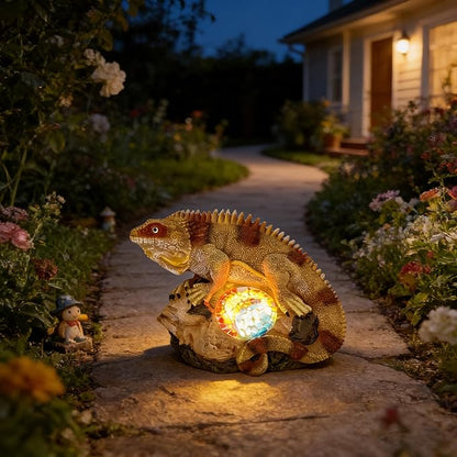 Solar Iguana Garden Statues Decor for Outdoor, Khaki Iguana Figurine Lights for Lawn Patio Yard Decoration - Unique Christmas Housewarming Gifts for Grandma Wowen Mom