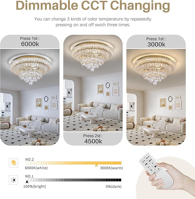 COCOSTAR 20" Gold Crystal Chandeliers, Flush Mount Chandelier LED Ceiling Light, Modern Crystal Raindrop Chandeliers for Dining Room, Living Room, Bedroom