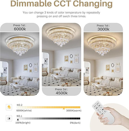 COCOSTAR 20" Gold Crystal Chandeliers, Flush Mount Chandelier LED Ceiling Light, Modern Crystal Raindrop Chandeliers for Dining Room, Living Room, Bedroom