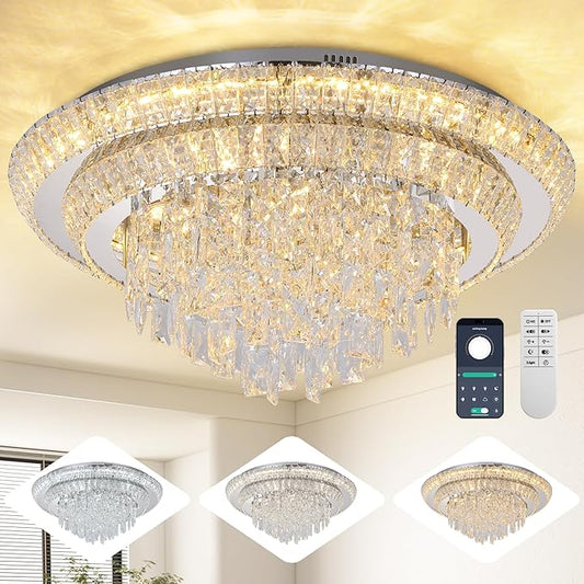 24 inch Crystal Silver Ceiling-Light Flush Mount With Remote Control and APP, 3CCT Dimmable & Brightness Adjustable, Modern Crystal Raindrop Chandeliers for Bedroom Hallway Dinning Room Living Room