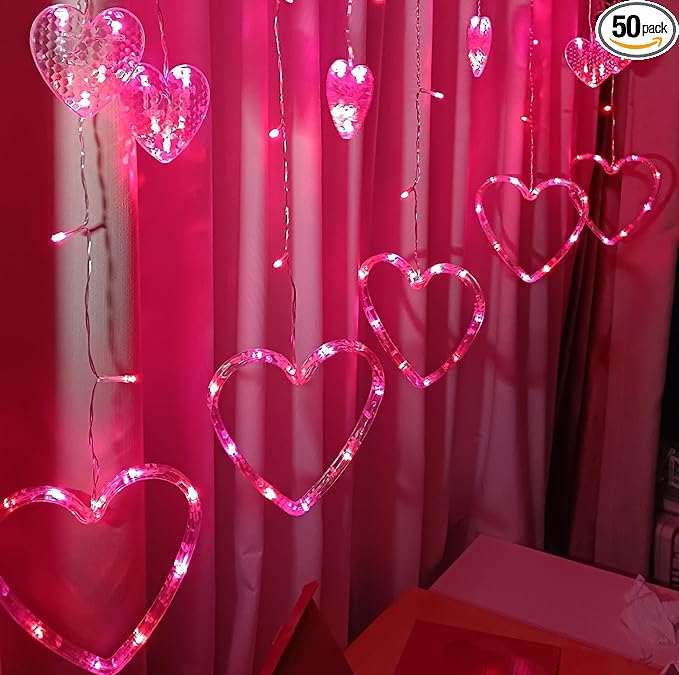 Efunly Valentines Day Decor Lights,138 LED 12-Heart-Shaped String Lights Waterproof,8 Modes Connetable 29V Plug in Curtain Lights for Kids Bedroom Wedding Party Valentines Day Decoration (Red+Pink)