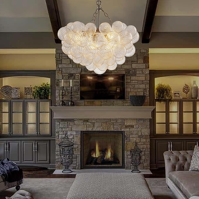 Hand Blown Glass Bubble Ball Chandelier Nickel-Plated 24" Pendant Lights Art Deco Cluster Ribbed Glass Swirled Globe Lighting for Dining Room Table Bar Bedroom Bathroom Entryway