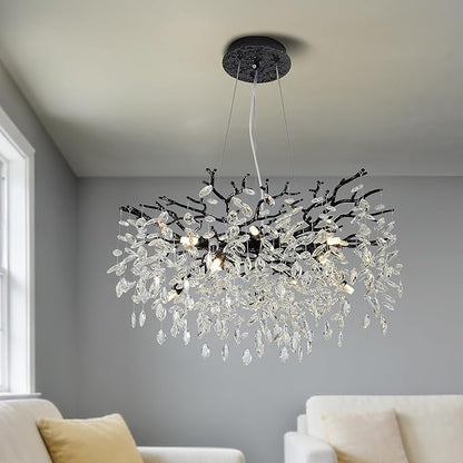 Modern Crystal Tree Branches Chandelier, 30in Black 10 Lights Large Ceiling Hanging Light for Dining Room, Round Raindrop Pendant Light Fixture