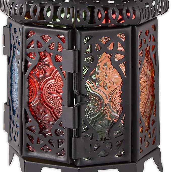 Zingz & Thingz Moroccan Style Candle Lantern Holder, Decorative Light Home Decor, Indoor & Outdoor, 13" Tall, Black with Rainbow Glass