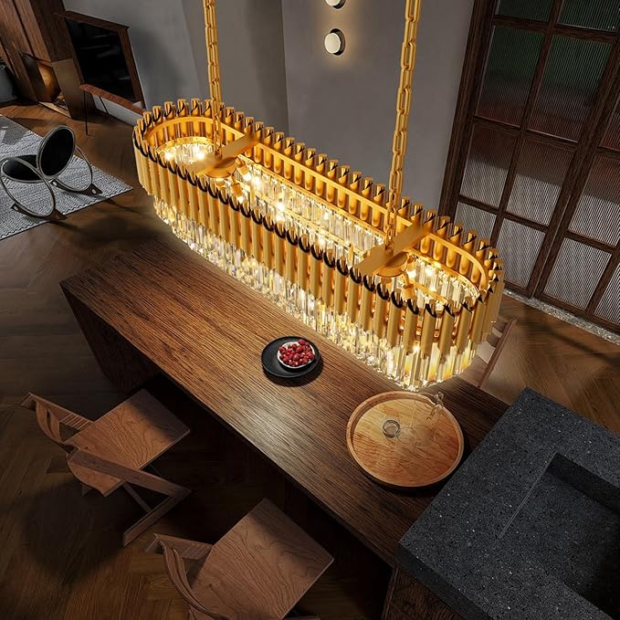 10-Light Modern Gold Crystal Chandelier, Luxury Rectangular Crystal Chandeliers for Dining Room, Kitchen Island, Living Room, Farmhouse Chandelier Lighting