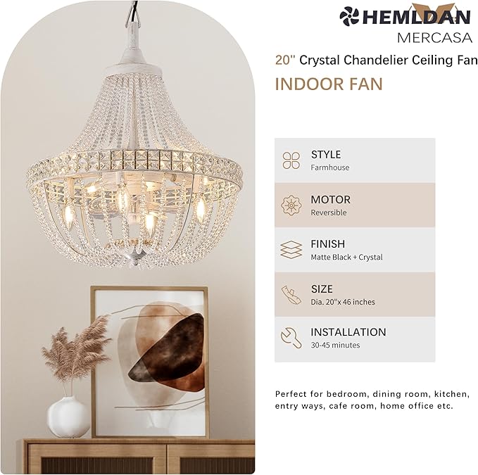 Vintage Empire Crystal Chandelier Fan with 64 Bead Strands, 7 Blades Invisible Fan, Remote/APP Controlled Ceiling Fan for Living Room, Bedroom, Dining Hall (White Gold, 20'' Rustic Style)