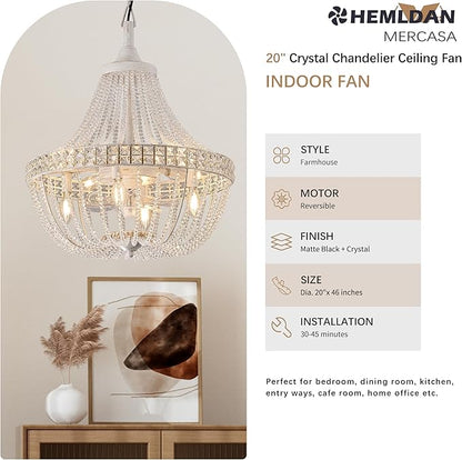Vintage Empire Crystal Chandelier Fan with 64 Bead Strands, 7 Blades Invisible Fan, Remote/APP Controlled Ceiling Fan for Living Room, Bedroom, Dining Hall (White Gold, 20'' Rustic Style)