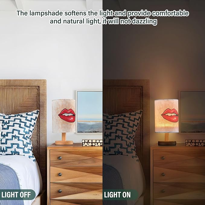 Bite Sexy Red Lip Polka Dot Table Lamp with Wood Base Fabric Lamp Shade Bedside Nightstand Desk Lamp for Living Room Bedroom Kids Room Office
