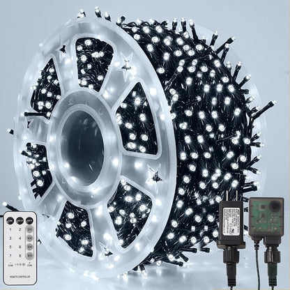 LJLNION 1000LED Christmas Lights, Extra Long 328FT Xmas Green Wire Fairy String Lights Plug in Outdoor, Remote Control & 8 Lighting Modes, Waterproof for Wedding Party Bedroom Decorations, White
