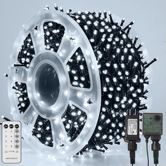 LJLNION 1000LED Christmas Lights, Extra Long 328FT Xmas Green Wire Fairy String Lights Plug in Outdoor, Remote Control & 8 Lighting Modes, Waterproof for Wedding Party Bedroom Decorations, White