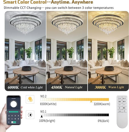 30 inch Crystal Flush Mount Black Chandelier, Modern Raindrop LED Ceiling Light, 3CCT Dimmable & Brightness Adjustable,Remote/APP ,Elegant Chandeliers for Bedroom Hallway Dinning Room Living Room
