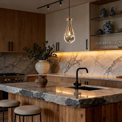 Raindrop Pendant Lights Kitchen Island Set of 3, Brass Teardrop Pendant Lights Dining Room Modern Gold Rain Pendants Glass Waterdrop Pendant Light for Island, Living Room,Included E12 Bulb