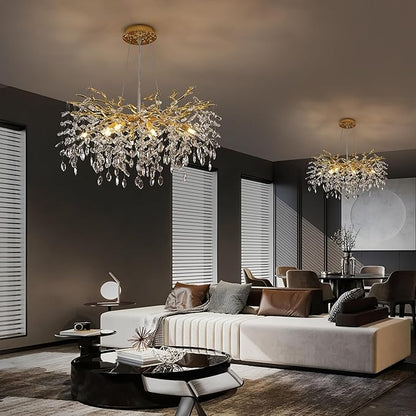 Crystal Tree Branches Chandeliers Luxury Round Gold Hanging Pendant Light 10 Lights for Dining Room Bedroom Living Room Entryway 30.5"