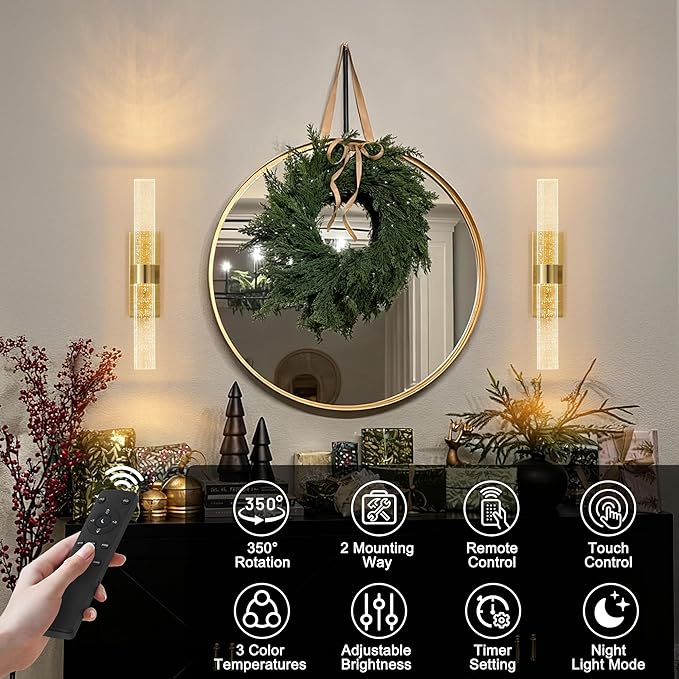 KARTOOSH Gold Rechargeable Wireless Wall Sconce Set of Two, Battery Operated Wall Lights with Remote Control,350°Rotate,3000K/4000K/6000K,Dimmable,Timer,for Living Room,Dining Room,Hallway,15.3 Inch