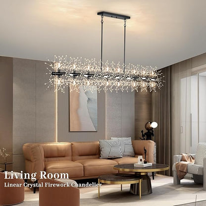 Chandeliers for Dining Room 59" Linear Crystal Chandeliers Light Fixture Firework Dandelion Sputnik Chandelier Long Black Crystal Branch Pendant Light for Kitchen Island Living Room Dining Table