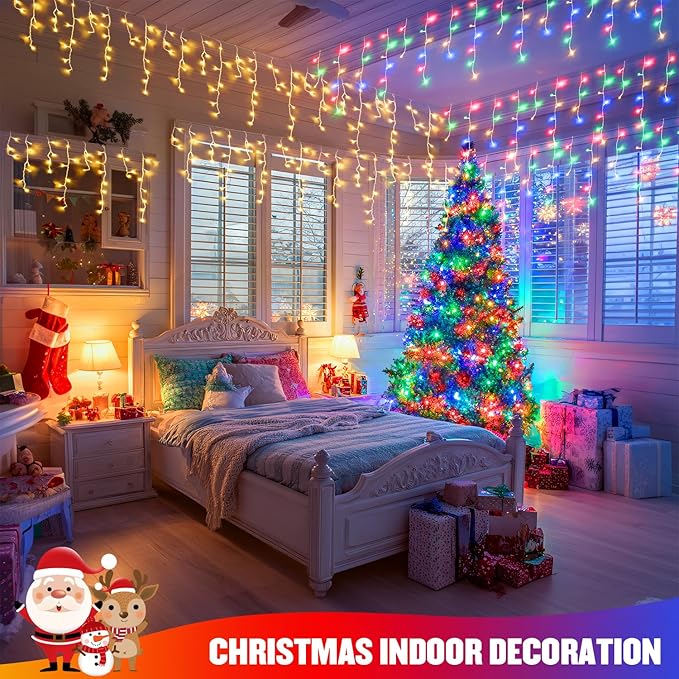 JMEXSUSS Color Changing Outdoor Waterproof Icicle Lights, 400 LED with Remote, Warm White to Multicolor for Christmas Eaves Party Decorations