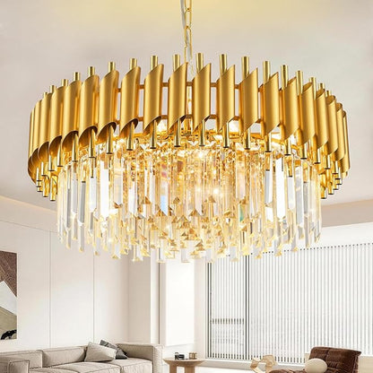 24" Gold Crystal Chandeliers for Dining Room Contemporary Round Ceiling Pendant Light Fixtures 5-Tier 8 Lights K9 Crystal Large Flush Mount Chandelier for Foyer Living Room Staircase