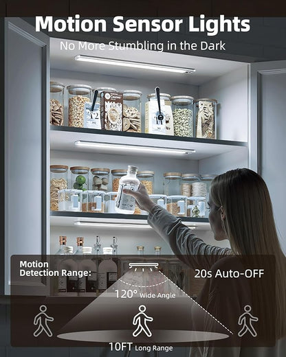 EZVALO 2 Pack Under Cabinet Lights, 14.5'' Magnetic Motion Sensor Light, 4000mAh Large Capacity Rechargeable Closet Light, Remote Control Dimmable 5700K Cool White for Kitchen, Stairs, Hallway