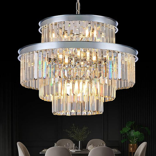 22" Modern Crystal Chandeliers 15 Lights Chrome Ceiling Pendant Light 4-Tier Luxury Round K9 Crystal Light Fixture for Living Room Dining Room Bedroom Kitchen Foyer