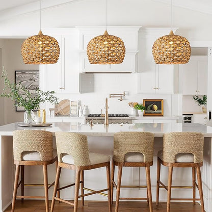 Boho Pendant Lights, 15.7" 1-Light Rattan Chandelier Hand-Woven Wicker Pendant Light with Water Hyacinth Shade, Coastal Dome Hanging Light for Dining Room Kitchen Island