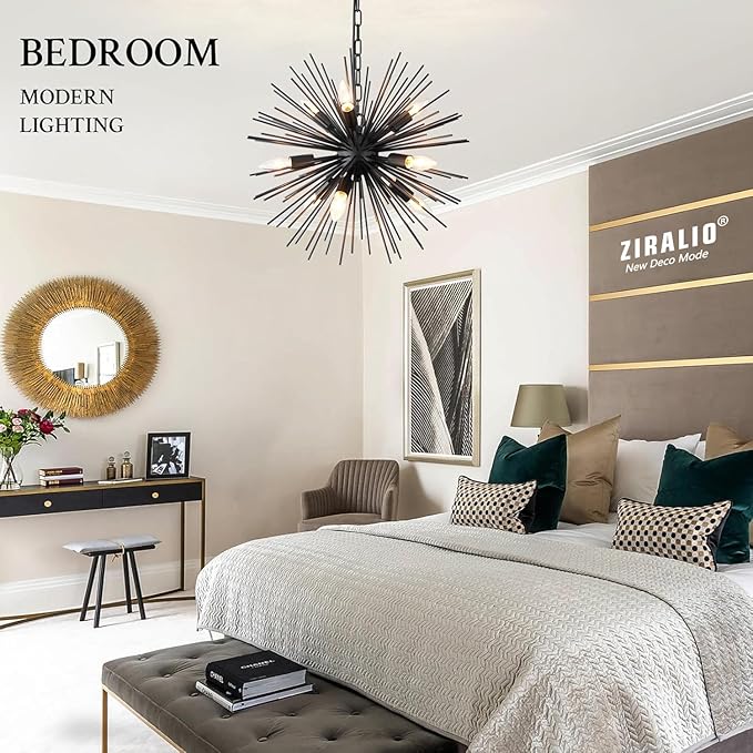 20" Black Sputnik Chandelier Vintage 9-Light Modern Starburst Chandelier Light Fixture Solid Metal Black Satellite Sputnik Chandeliers for Dining Room, Kitchen, Bedroom, Living Room, Foyer