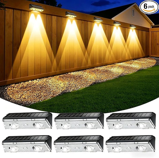 Solar Fence Lights Outdoor, 6 Pack IP65 Waterproof Fence Lights Solar Powered with Ultra-Bright LED Lens, 9 Color Modes, 12+ Hours Steady Glow for Deck/Backyard/Patio/Pool/Wall - Pure Black