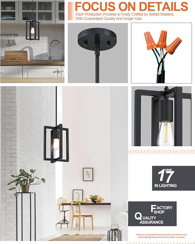 2 Pack 1 Light 7.3" Hanging Farmhouse Indoor Kitchen Island Pendant Light Lantern Cage Black Finish,for Kitchen Island Over Sink Dining Room,Adjustable Length UL Certification