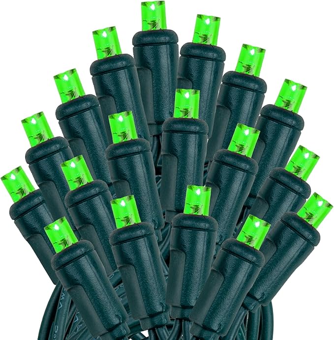 Novelty Lights 24-Pack, 25 Feet 50 LED Green Christmas Mini Light String on Green Wire, 5mm Wide Angle Bulbs, Connectable, Indoor/Outdoor Decor, UL Listed