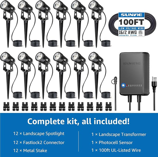 SUNVIE All-in-One LED Low Voltage Landscape Lighting Kit, 12-Pack Landscape Lights with Transformer 100FT Wire and Connectors, 3000K Waterproof Low Voltage Landscape Lights for Garden Yard House Tree