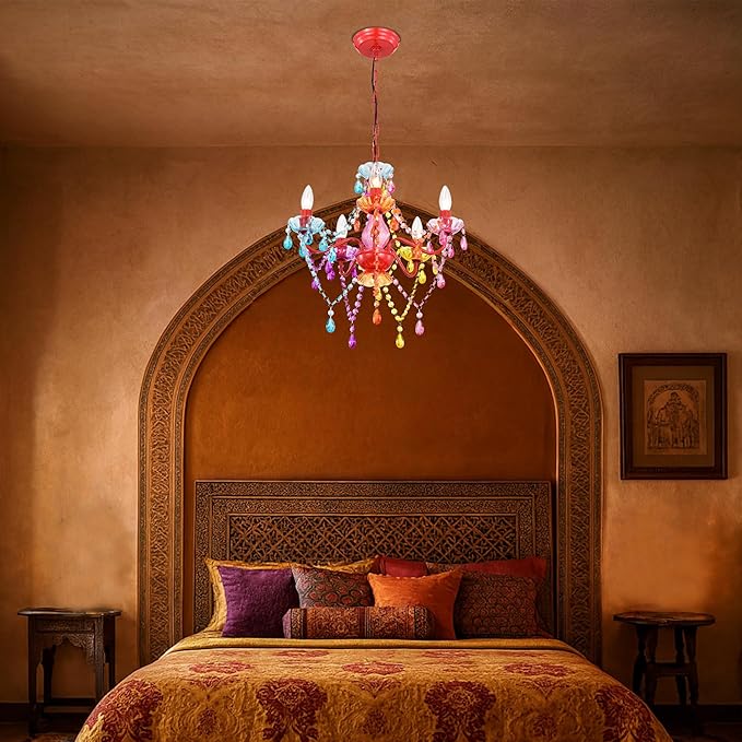 Colorful Small Crystal Chandelier for Girls Bedroom, 5-Light Acrylic Chandelier Lighting Fixture, Kids Room Nursery Ceiling Light for Closet, Playroom, Bathroom, Entryway