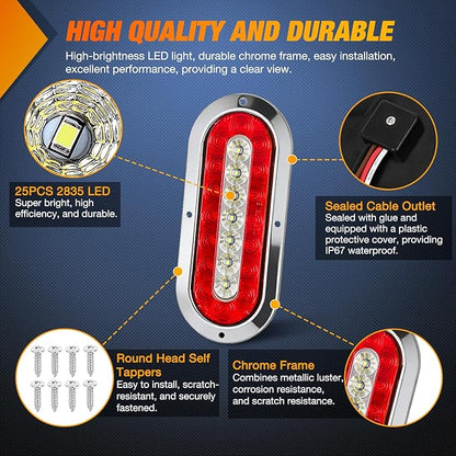 Nilight Trailer Tail Light 2PCS 6Inch Oval 23 LED Red White Chrome Frame Marker Clearance Stop Brake Reverse Backup Running Taillight IP67 Waterproof for Trailer Truck Pickup Camper RV