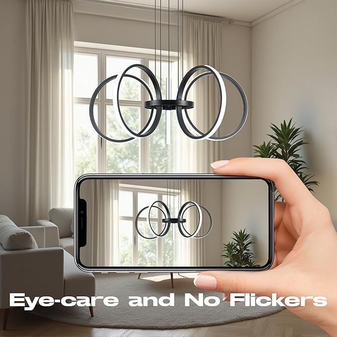 MAYNA Modern LED Chandelier, Black Pendant Light with 5 Rings, Adjustable Height Modern Chandeliers for Dining Room Living Room Kitchen Bedroom Entryway,6000k Daylight